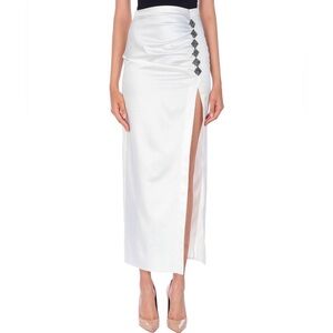 Embellished White Satin Maxi Skirt with High Side Slit